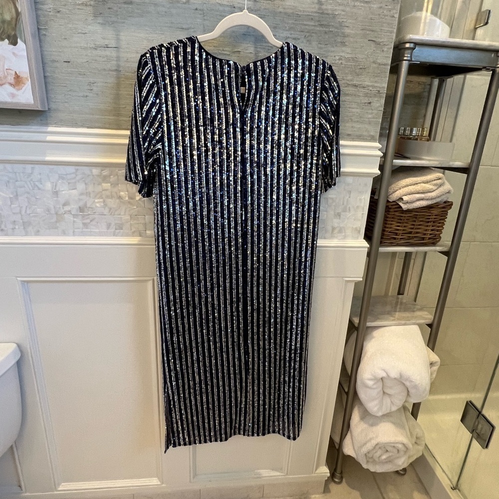 NWT new small Anthropologie flat white short sleeve sequin stripe midi dress - Picture 16 of 17